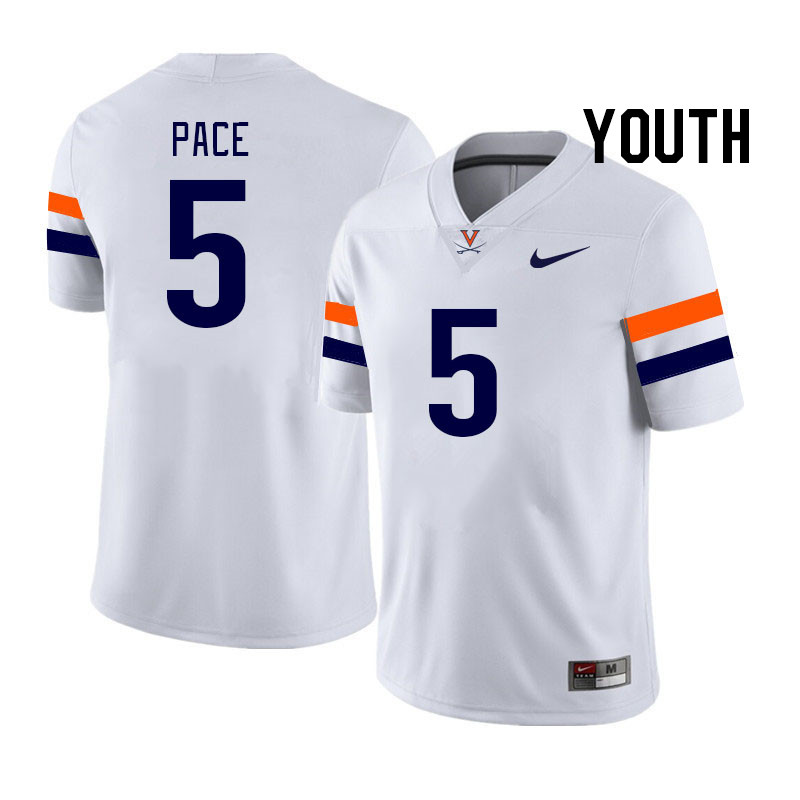 Youth #5 Kobe Pace Virginia Cavaliers College Football Jerseys Stitched Sale-White - Click Image to Close
